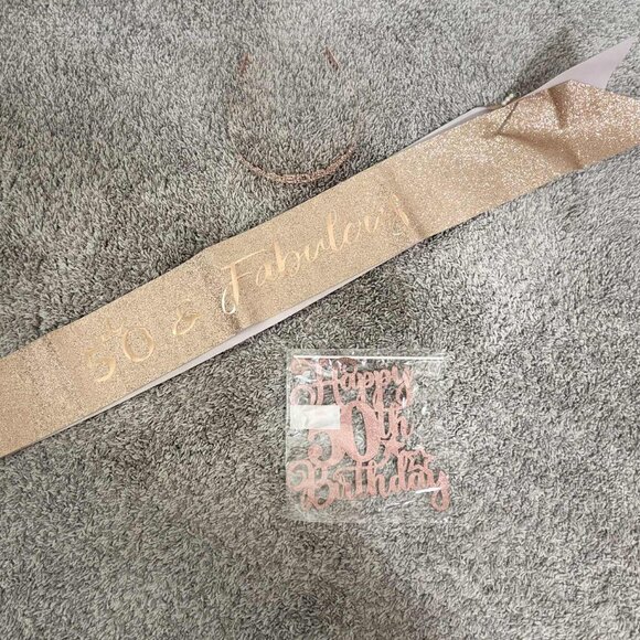 Brand New Rose Gold Happy 50th Bday Sash, Crown & Sticker with Pin & Pearls - Picture 1 of 4